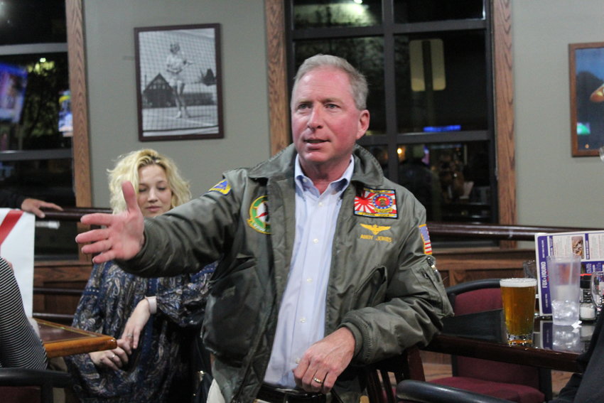 School board candidate Andy Jones addresses a watch party at the Fox and Hound restaurant in Lone Tree Nov. 5.